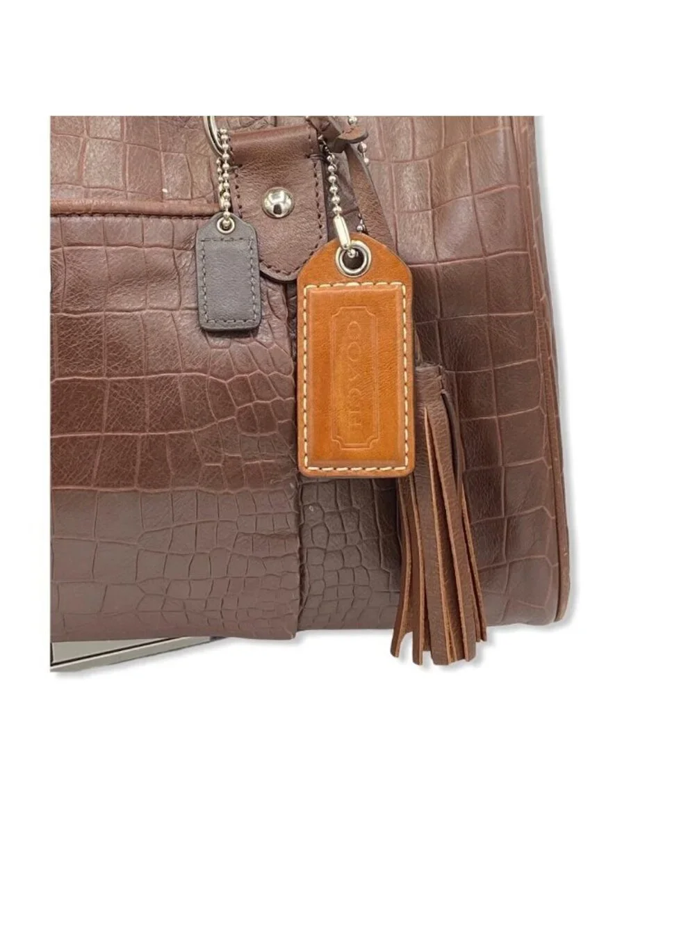 Coach F25125 Brown Croc Embossed Leather Satchel Bag Tassel Charm